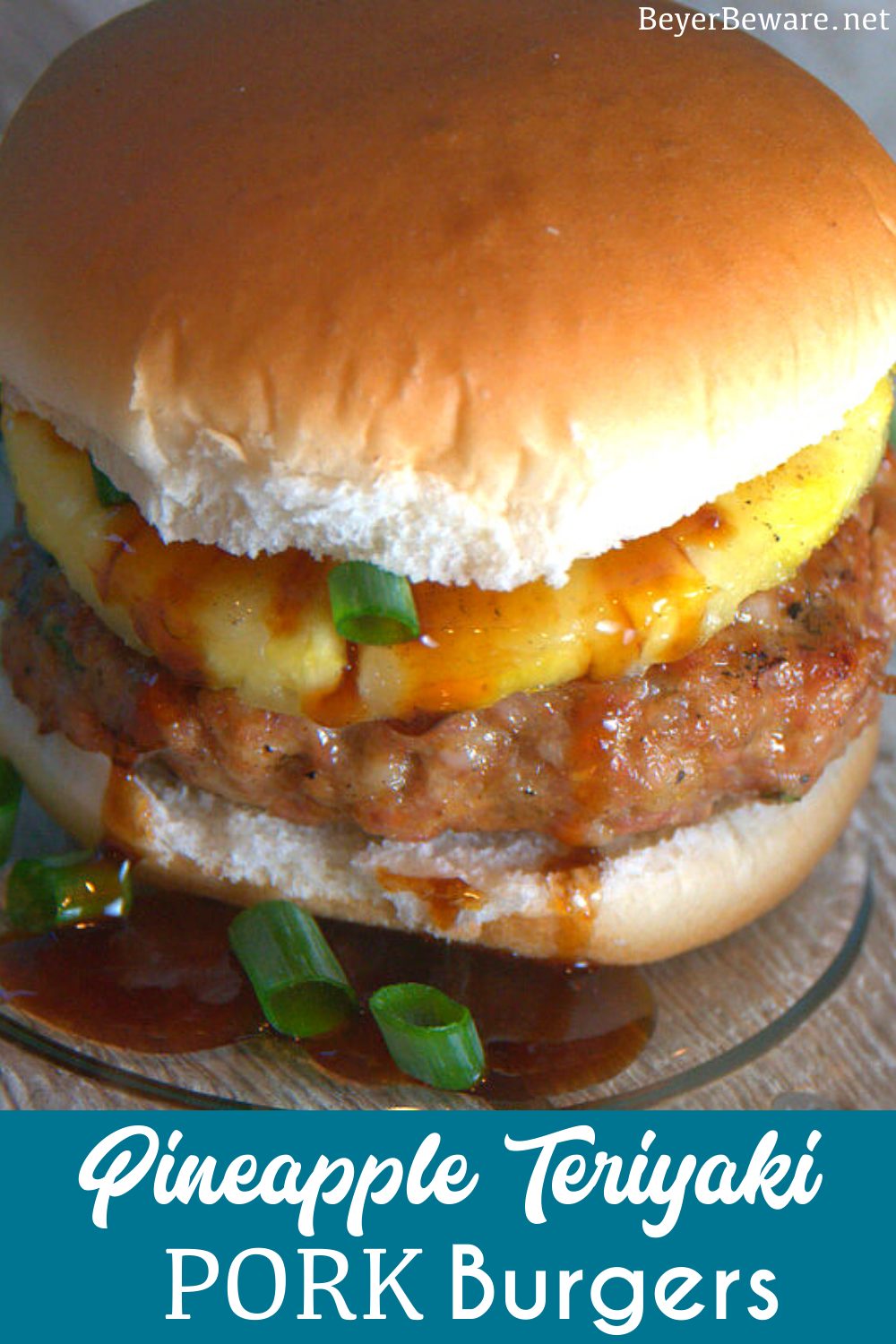 This grilled pineapple pork burger recipe mixes Asian seasonings with ground pork then topped with a slice of grilled pineapple and a teriyaki sauce.