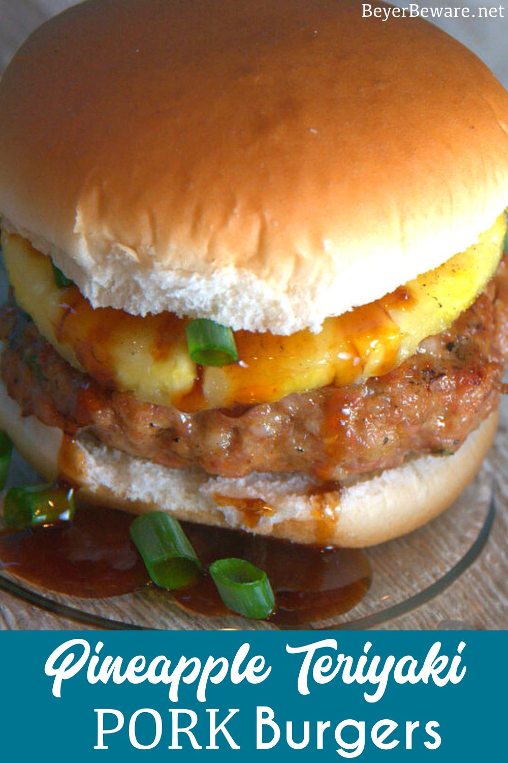 This grilled pineapple pork burger recipe mixes Asian seasonings with ground pork then topped with a slice of grilled pineapple and a teriyaki sauce. 