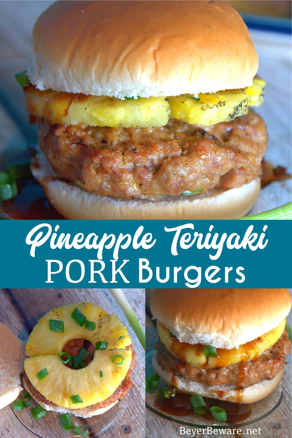 This grilled pineapple pork burger recipe mixes Asian seasonings with ground pork then topped with a slice of grilled pineapple and a teriyaki sauce.