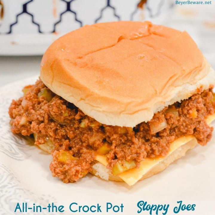 All-in-the-crock-pot sloppy joes are so easy to make requiring no precooking of the ground beef or veggies, just combine all the ingredients in the crock pot and let it cook all day.