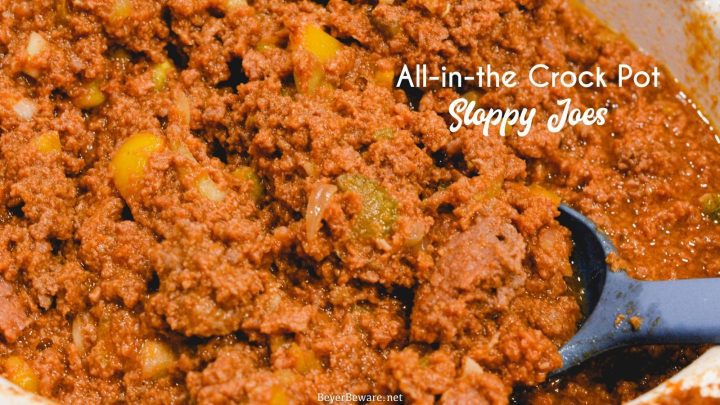 All-in-the-crock-pot sloppy joes are so easy to make requiring no precooking of the ground beef or veggies, just combine all the ingredients in the crock pot and let it cook all day.