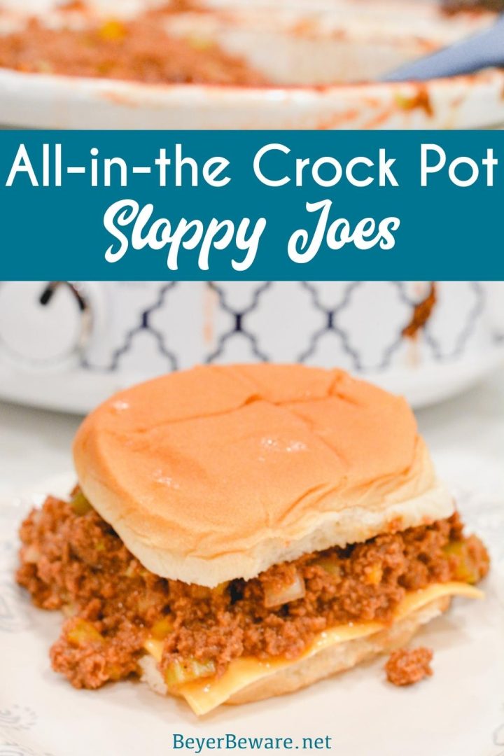 All-in-the-crock-pot sloppy joes are so easy to make requiring no precooking of the ground beef or veggies, just combine all the ingredients in the crock pot and let it cook all day.