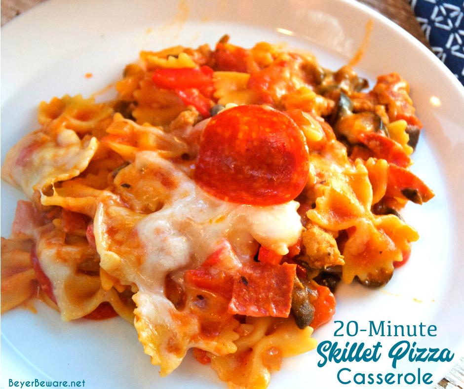 20-Minute Skillet Pizza Casserole is a quick weeknight pasta meal all made in the same pan and filled with all the ingredients you love on your favorite pizza.