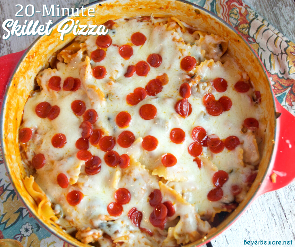 20-Minute Skillet Pizza Casserole is a quick weeknight pasta meal all made in the same pan and filled with all the ingredients you love on your favorite pizza.