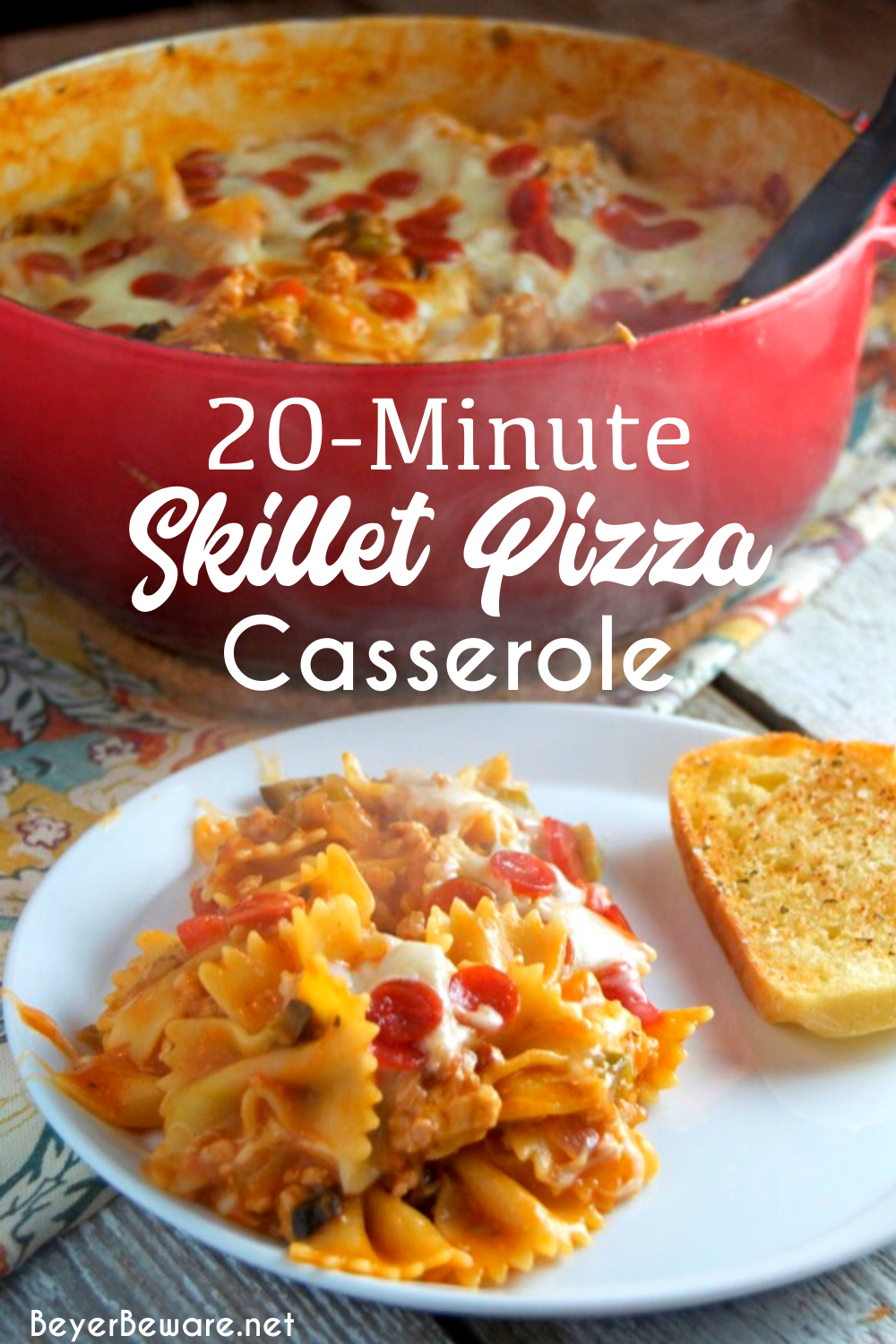 20-Minute Skillet Pizza Casserole is a quick weeknight pasta meal all made in the same pan and filled with all the ingredients you love on your favorite pizza.