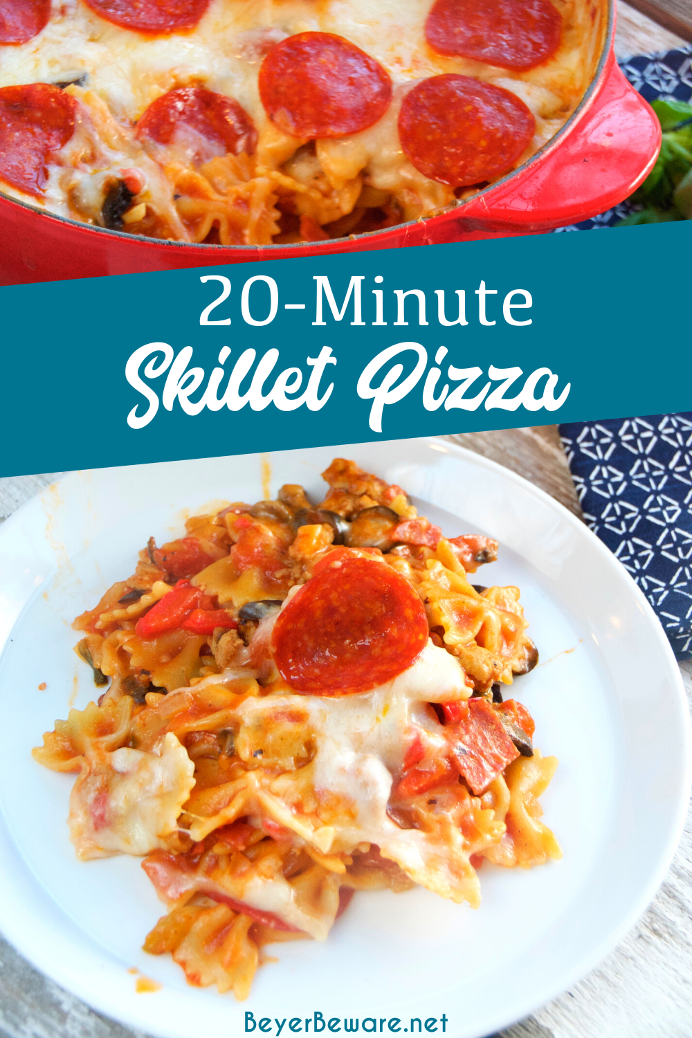 20-Minute Skillet Pizza Casserole is a quick weeknight pasta meal all made in the same pan and filled with all the ingredients you love on your favorite pizza.