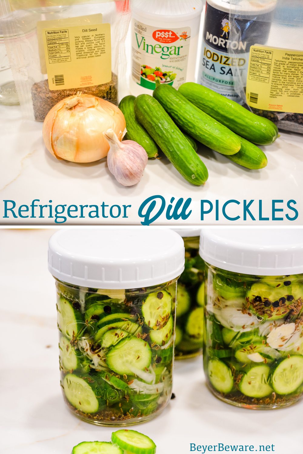 These easy refrigerator dill pickles are quick to make refrigerator pickle recipe made with cucumbers, onions, garlic, and lots of seasonings for the ultimate homemade pickles. #pickles #Gardening #Perserving #Pickling #FreshFood #Recipes #FarmhouseRecipe