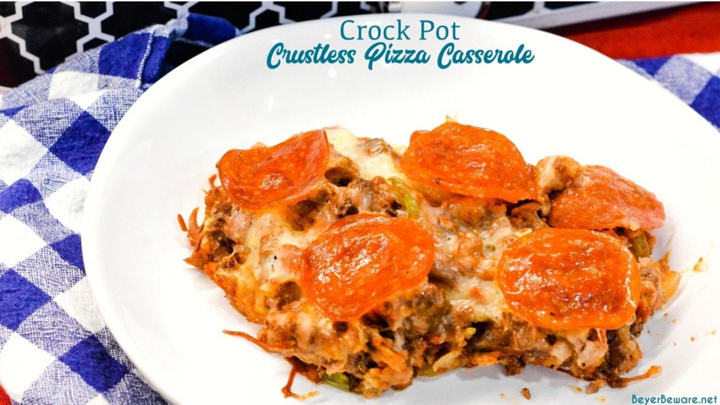 This low carb crock pot pizza casserole is a new favorite pizza recipe even for the folks not eating low-carb since it is full of a lot of meat, cheese, and flavor no one misses the crust or pasta in this crustless pizza casserole.