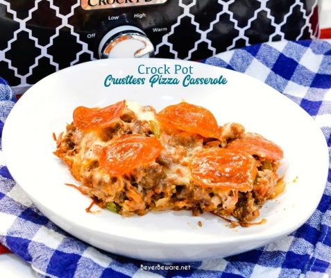 This low carb crock pot pizza casserole is a new favorite pizza recipe even for the folks not eating low-carb since it is full of a lot of meat, cheese, and flavor no one misses the crust or pasta in this crustless pizza casserole.
