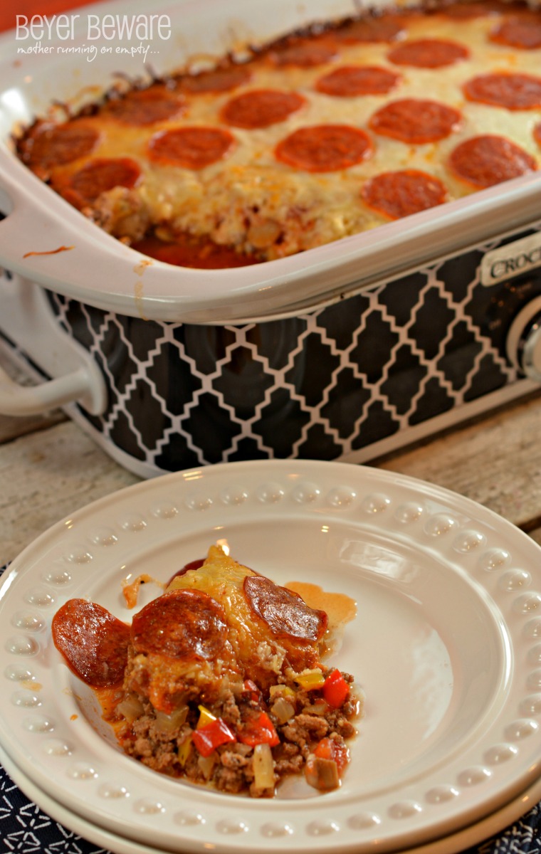 Low Carb Crock Pot Pizza Casserole Recipe is the perfect weeknight meal for families who are on the go and need dinner ready when they get home.