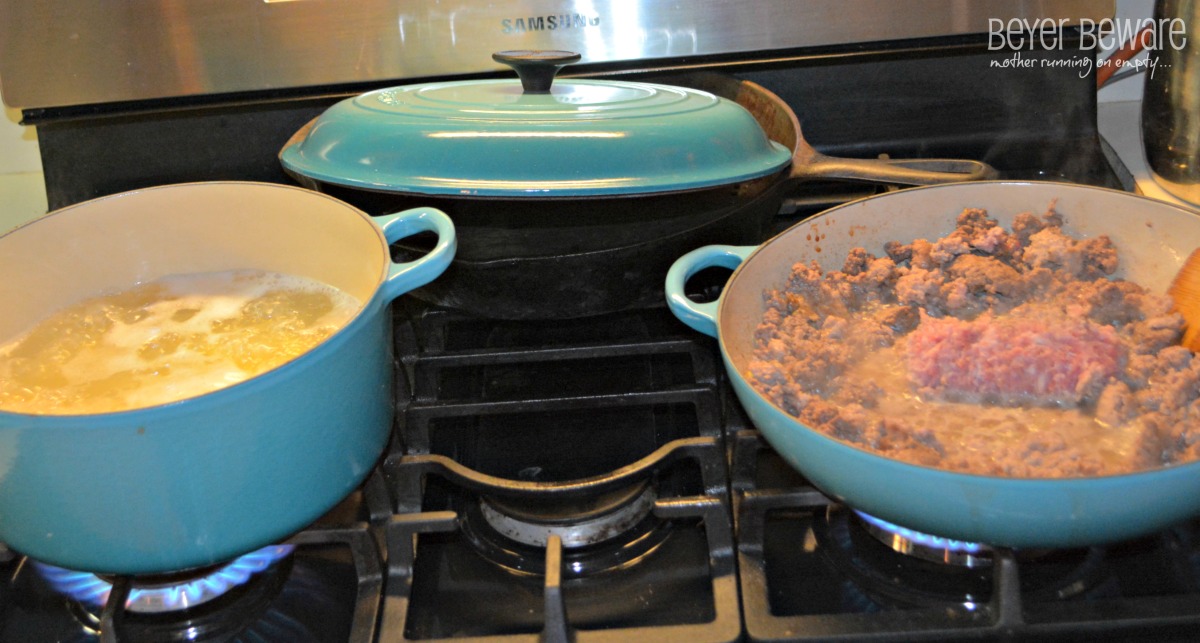 penne pasta and hamburger cooking for pasta skillet