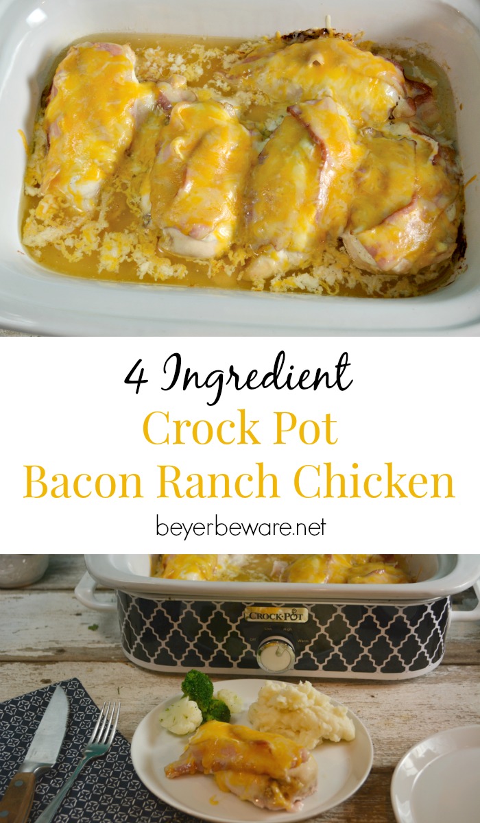 Just 4 ingredients for an easy Crock Pot Bacon Ranch Chicken Recipe. Even if you don't put it together till after work it is still a perfect weeknight dinner.