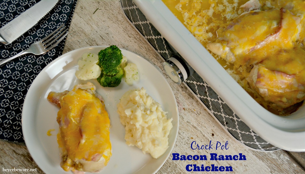 Just 4 ingredients for an easy Crock Pot Bacon Ranch Chicken Recipe. Even if you don't put it together till after work it is still a perfect weeknight dinner.