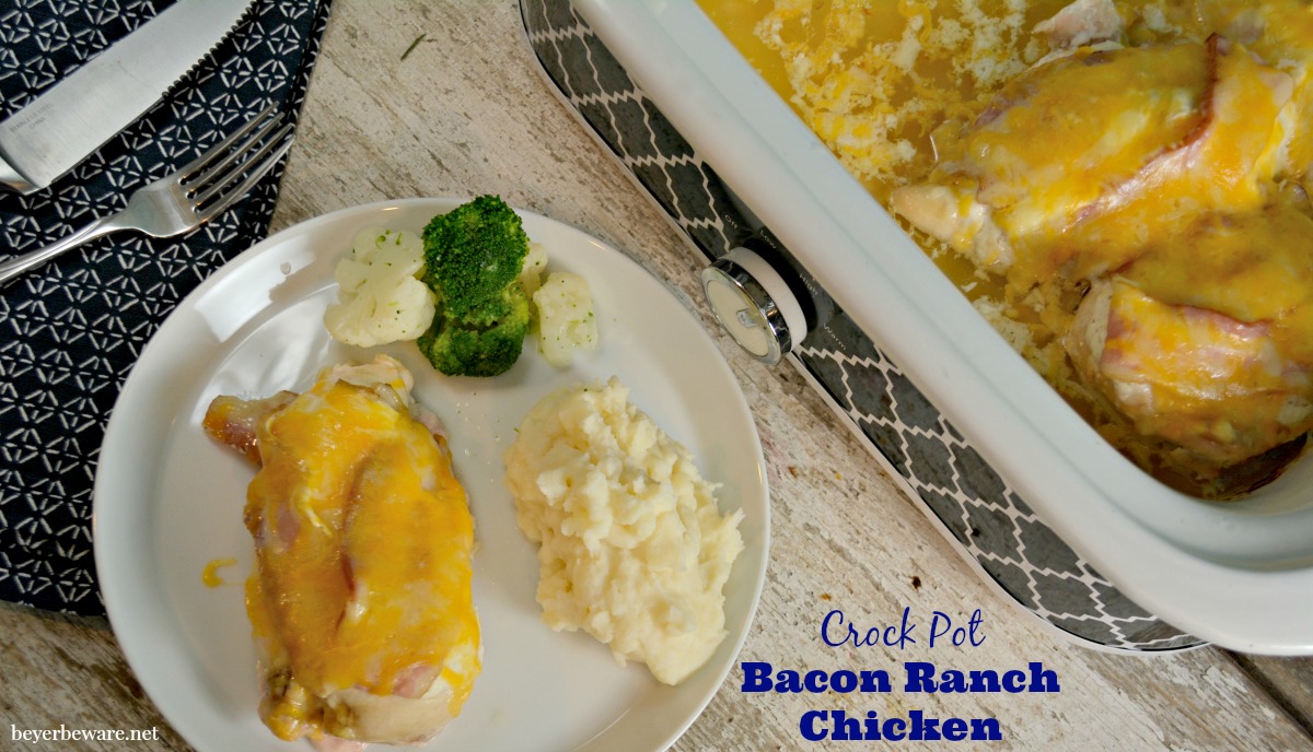 Just 4 ingredients for an easy Crock Pot Bacon Ranch Chicken Recipe. Even if you don't put it together till after work it is still a perfect weeknight dinner. 