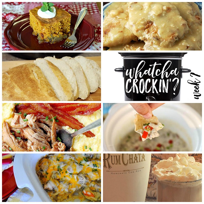 Easy Crock Pot Recipes - This week's Whatcha Crockin' crock pot recipes include Artisan Bread, Crock Pot Chicken Veggie and Rice Casserole, Homestyle Crock Pot Pork Chops, Crock Pot Apple Pumpkin Cake, Sausage Dip, Slow Cooker Apple Butter Glazed Pork Tenderloin, Crock Pot Pumpkin Lattes and more!