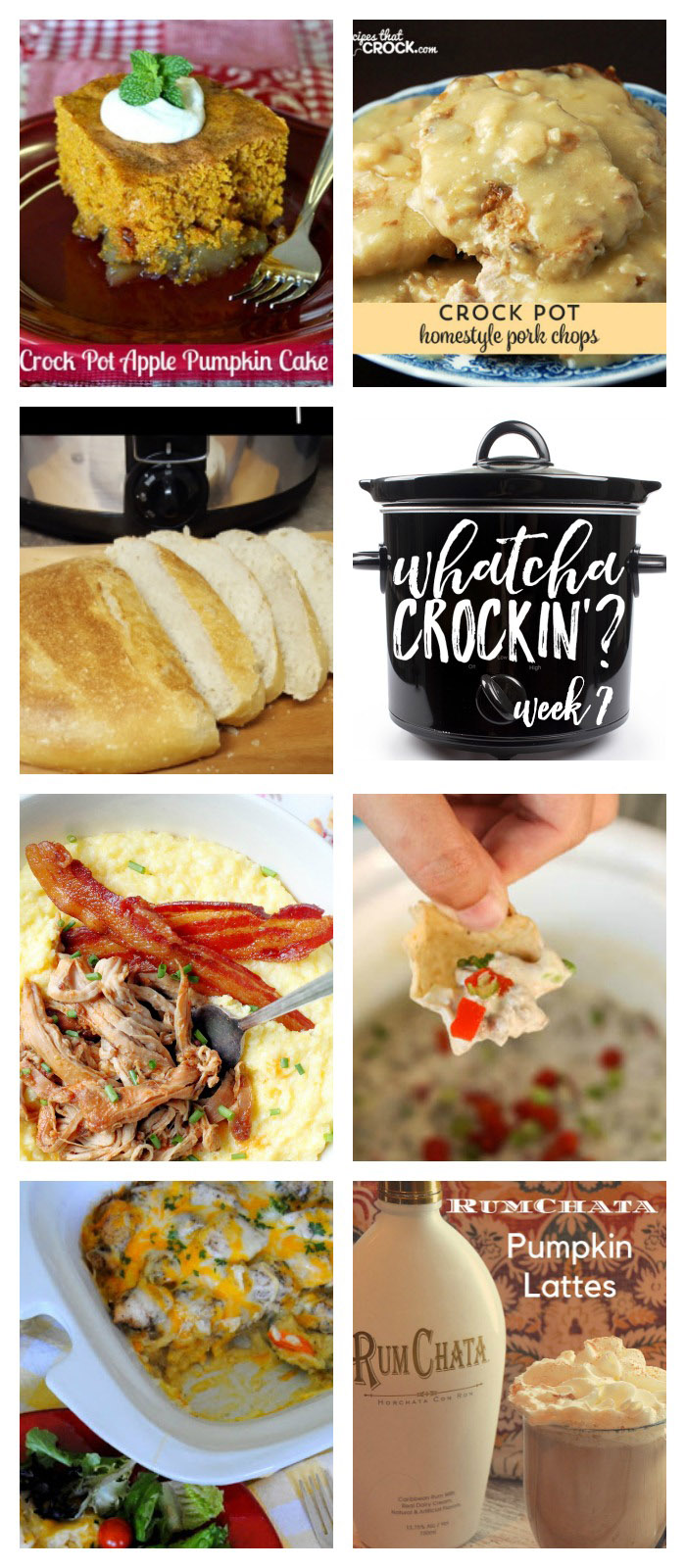 Easy Crock Pot Recipes - This week's Whatcha Crockin' crock pot recipes include Artisan Bread, Crock Pot Chicken Veggie and Rice Casserole, Homestyle Crock Pot Pork Chops, Crock Pot Apple Pumpkin Cake, Sausage Dip, Slow Cooker Apple Butter Glazed Pork Tenderloin, Crock Pot Pumpkin Lattes and more!