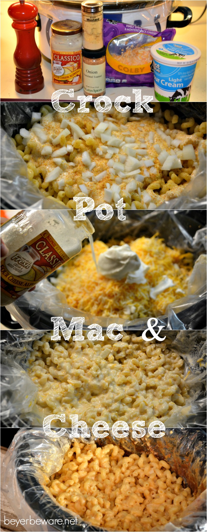 A creamy crock pot mac and cheese recipe that can be ready in two hours and let's you fix it and forget it on a busy night.