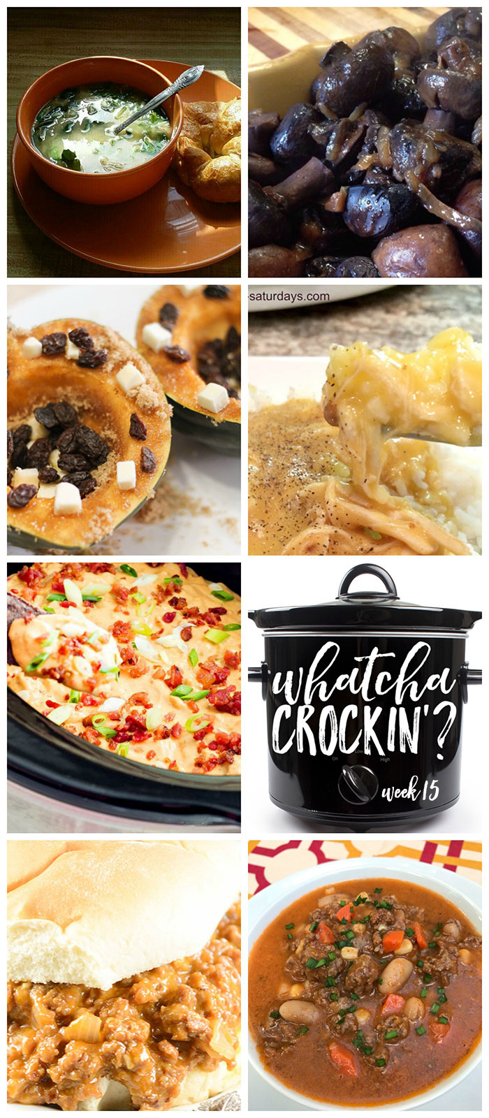This week's Whatcha Crockin' crock pot recipes include Kickin' Cowboy Queso Dip, Beef Bean Slow Cooker Soup, Crock Pot Sloppy Joe Cheeseburgers, Crock Pot Mushrooms and Onions, Slow Cooker Buttery Acorn Squash, Slow Cooker Chicken Spinach and Orzo Soup, Electric Slow Cooker Cheesy Chicken and Rice and much more!