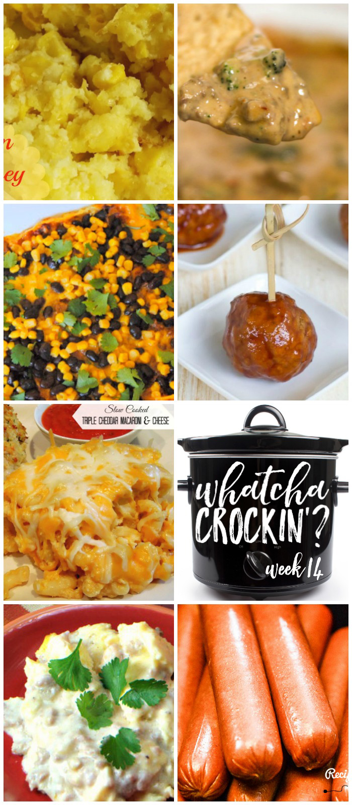 This week's Whatcha Crockin' crock pot recipes include Creamy Cheese Corn Bake, Slow Cooker Triple Cheddar Mac n Cheese, Cooking Hot Dogs in Bulk, Crock Pot Cherry Jalapeno Meatballs, Crock Pot Scrambled Eggs Casserole, Beefy Broccoli Dip, Crock Pot Tex Mex Casserole and much more!