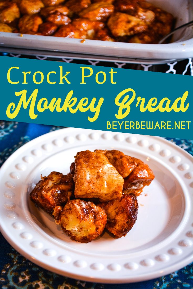 Crock Pot Monkey Bread uses refrigerator Grands biscuits with sugar and cinnamon to create a warm and gooey sticky pull-apart bread.