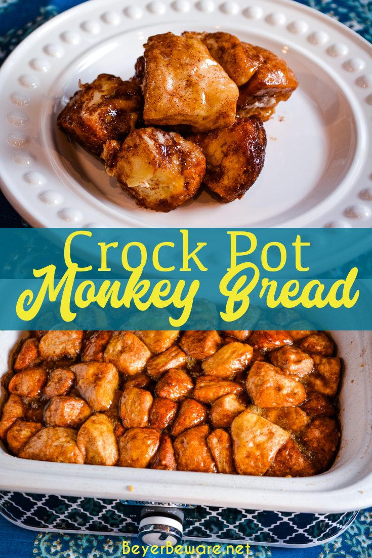 Crock Pot Monkey Bread uses refrigerator Grands biscuits with sugar and cinnamon to create a warm and gooey sticky pull-apart bread.