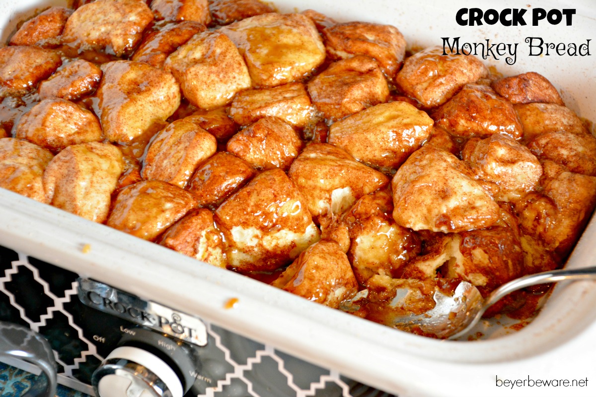 Five simple ingredients combined in a casserole crock pot and you are two hours away from this gooey crock pot monkey bread.