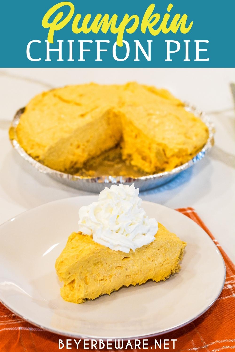 This Pumpkin Chiffon Pie recipe is the silky, creamy version of the traditional pumpkin pie. Made with real pumpkin and pudding, it is a great no-bake pumpkin pie.