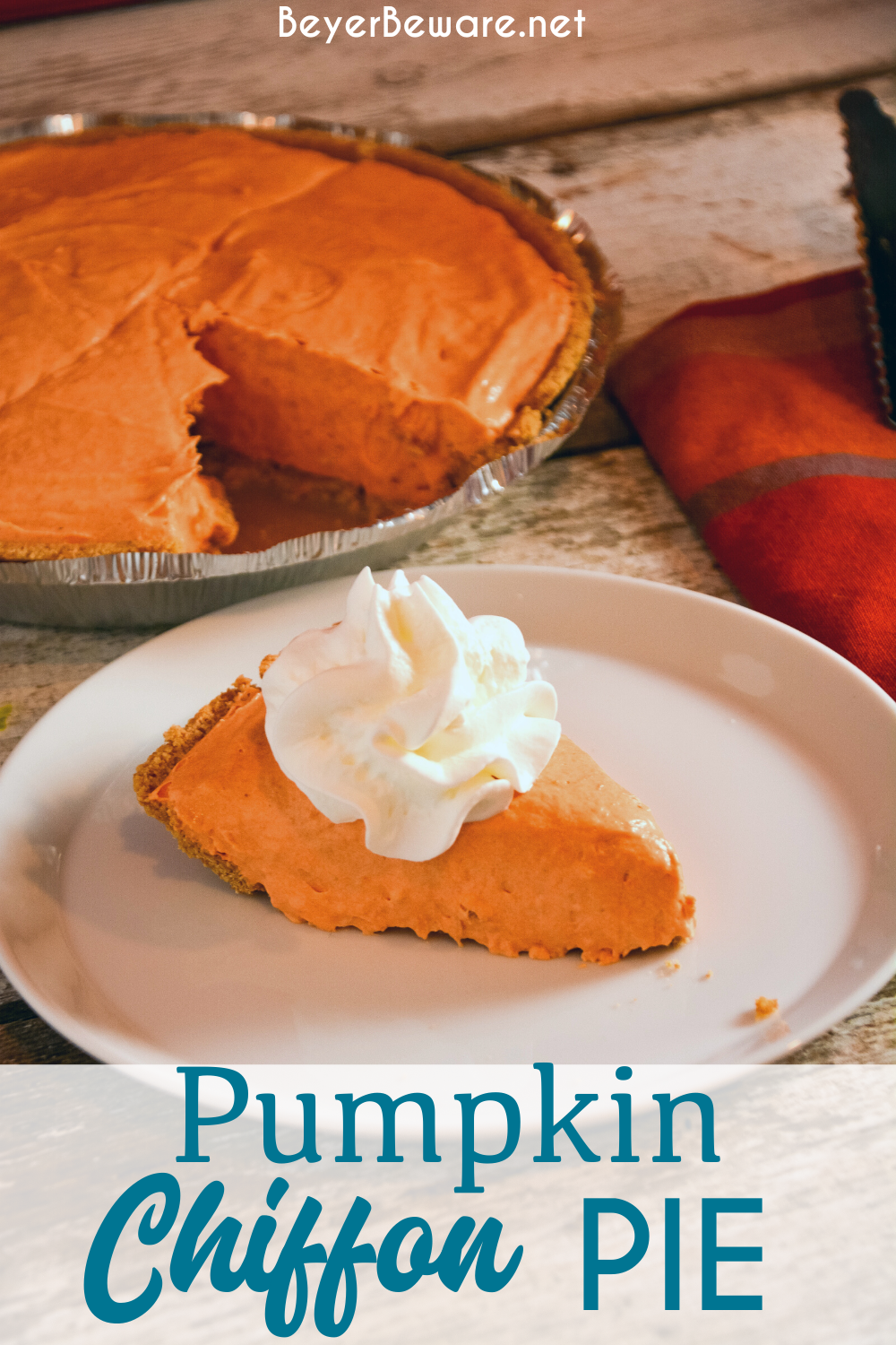 This Pumpkin Chiffon Pie recipe is the silky, creamy no-bake version of a traditional pumpkin pie, made with real pumpkin and pudding in a graham cracker crust.