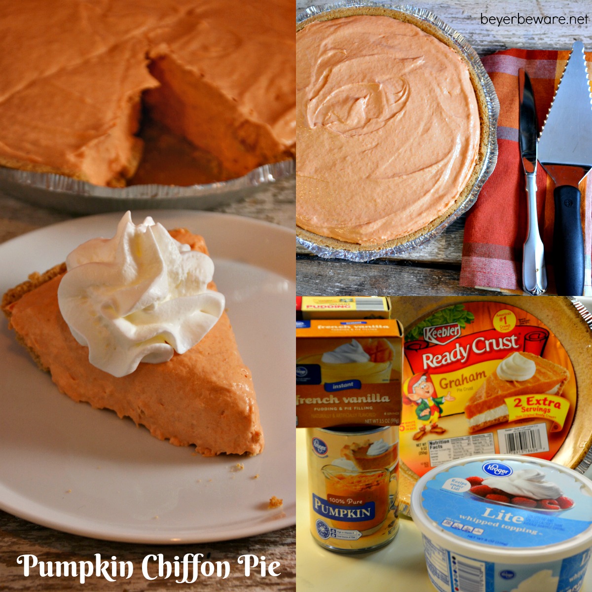 This Pumpkin Chiffon Pie recipe is the silky, creamy version of the traditional pumpkin pie. Made with real pumpkin and pudding, no baking required either.