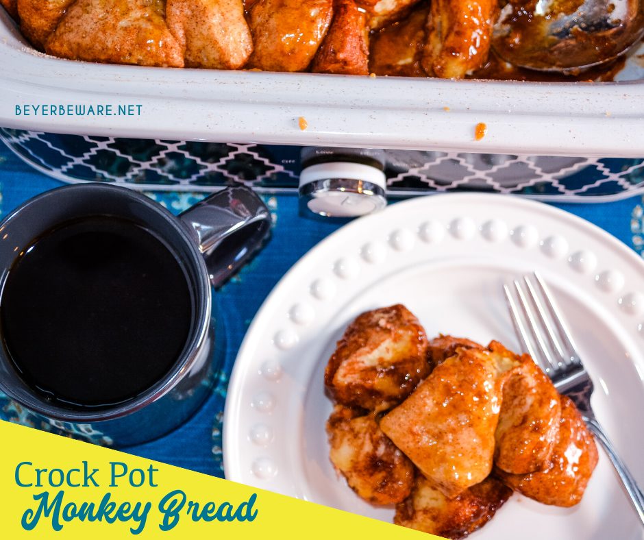 Crock Pot Monkey Bread uses refrigerator Grands biscuits with sugar and cinnamon to create a warm and gooey sticky pull-apart bread.