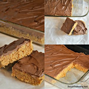 Scotcheroos are the peanut butter ricke krispies treats everyone will crave. The no-bake peanut butter chocolate bars ready in under 15 minutes.