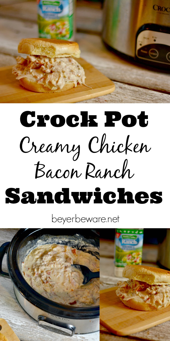 A simple crock pot creamy chicken bacon ranch sandwiches recipe is the perfect shredded chicken sandwich for a busy weeknight meal.