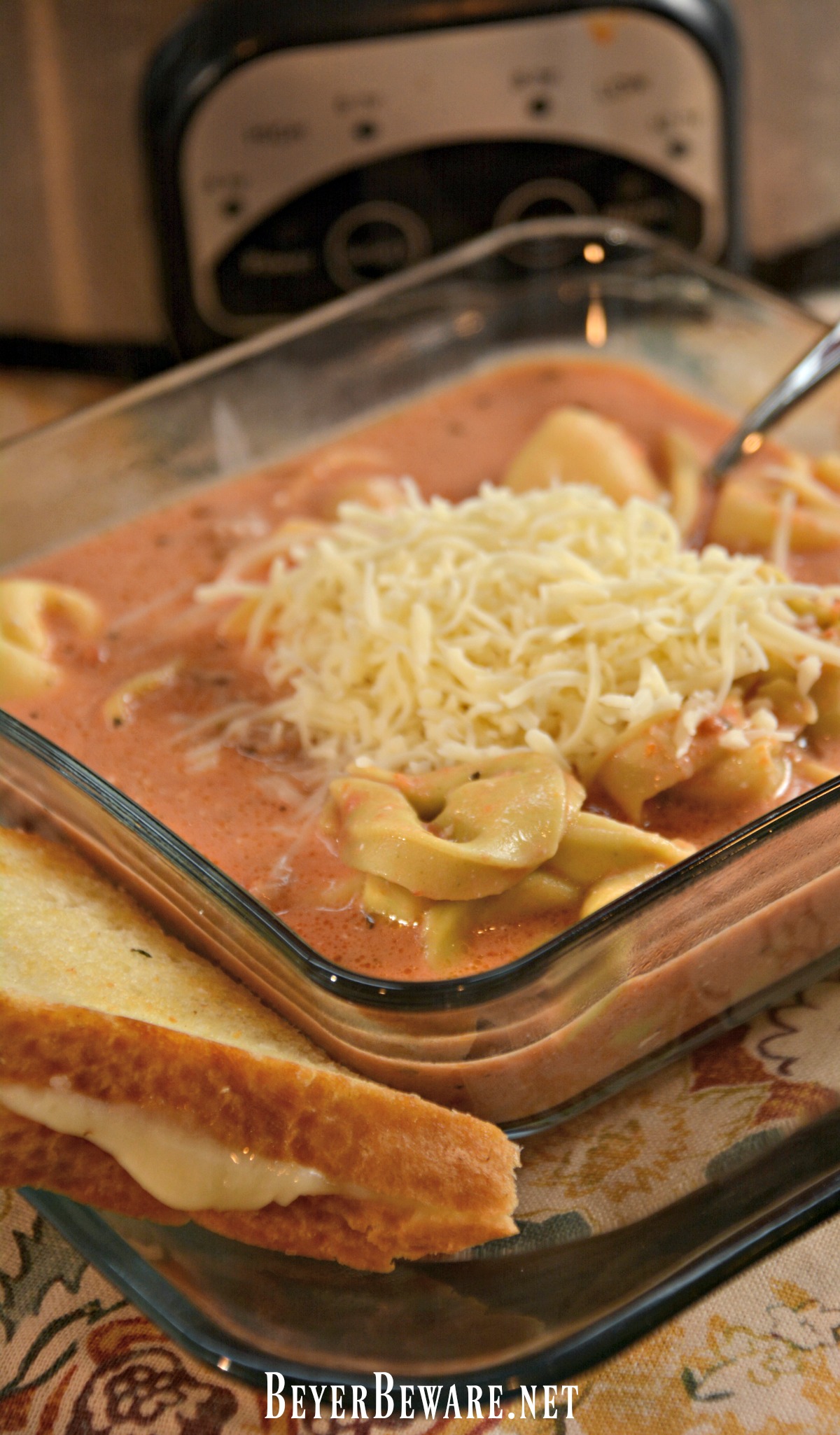 This creamy, cheesy, spicy crock pot sausage tortellini soup is perfect for a weeknight when you need filling meal waiting for you when you get home.