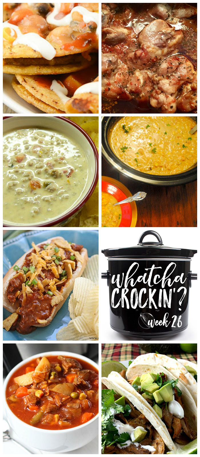 This week's Whatcha Crockin' crock pot recipes include Crock Pot Honey Garlic Chicken Thighs, Crock Pot Game Day Taco Nachos, Vegetable Beef Soup, Crock Pot Sausage Queso Dip, Crock Pot Chili Cheese Dogs, Crock Pot Pork Carnitas, Slow Cooker Green Chili, Chicken and Rice Soup and much more!