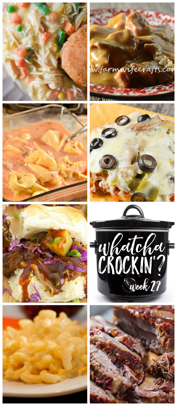 This week's Whatcha Crockin' crock pot recipes include Slow Cooker Beef Stew and Rice, Crock Pot Chicken Pot Pie, Crock Pot Pizza Bake, Slow Cooker Beef Brisket, Crock Pot Mac 'n Cheese, Crock Pot Sausage Tortellini Soup, Crock Pot Pineapple Char Sui Pulled Pork and much more!