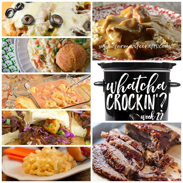 This week's Whatcha Crockin' crock pot recipes include Slow Cooker Beef Stew and Rice, Crock Pot Chicken Pot Pie, Crock Pot Pizza Bake, Slow Cooker Beef Brisket, Crock Pot Mac 'n Cheese, Crock Pot Sausage Tortellini Soup, Crock Pot Pineapple Char Sui Pulled Pork and much more!