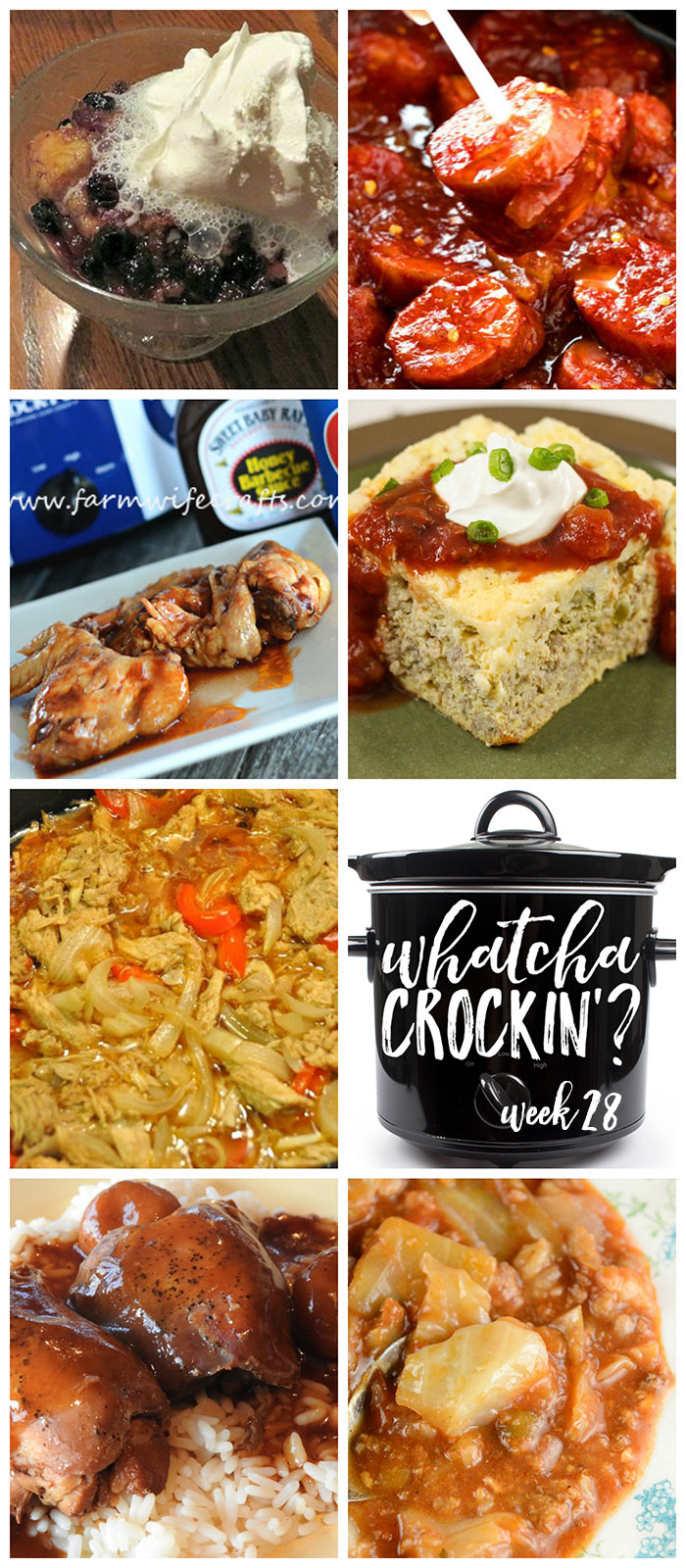 This week's Whatcha Crockin' crock pot recipes include Crockpot Sweet and Spicy Kielbasa Bites, Crock Pot Teriyaki Chicken Thighs, Crock Pot Unstuffed Cabbage Soup, Slow Cooker Santa Fe Omelet, Crock Pot Blueberry Dump Cake, Slow Cooker Honey BBQ Wings, Beer Braised Crock Pot Pork Carnitas and much more!