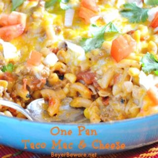 The Mexican flavors in this one pan taco mac and cheese will make your family love this recipes twist on hamburger helper. In less than 30 minutes you have one dirty pan and dinner on the table.