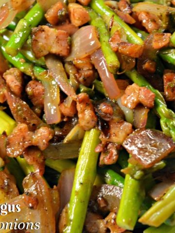 A quick sauteed asparagus with bacon and onions recipe is the perfect side dish with fresh spring asparagus.