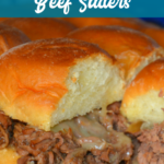 Crock Pot French onion beef sliders recipe is a shredded French onion beef roast made with canned French onion soup, onions, butter and beef broth used to make cheesy sliders on Hawaiian rolls.