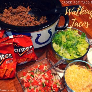 Whether it is a week night, a tailgate or a county fair, walking tacos are always a hit. Making the crock pot taco meat walking tacos just makes life simpler when you really do need to eat on the go.