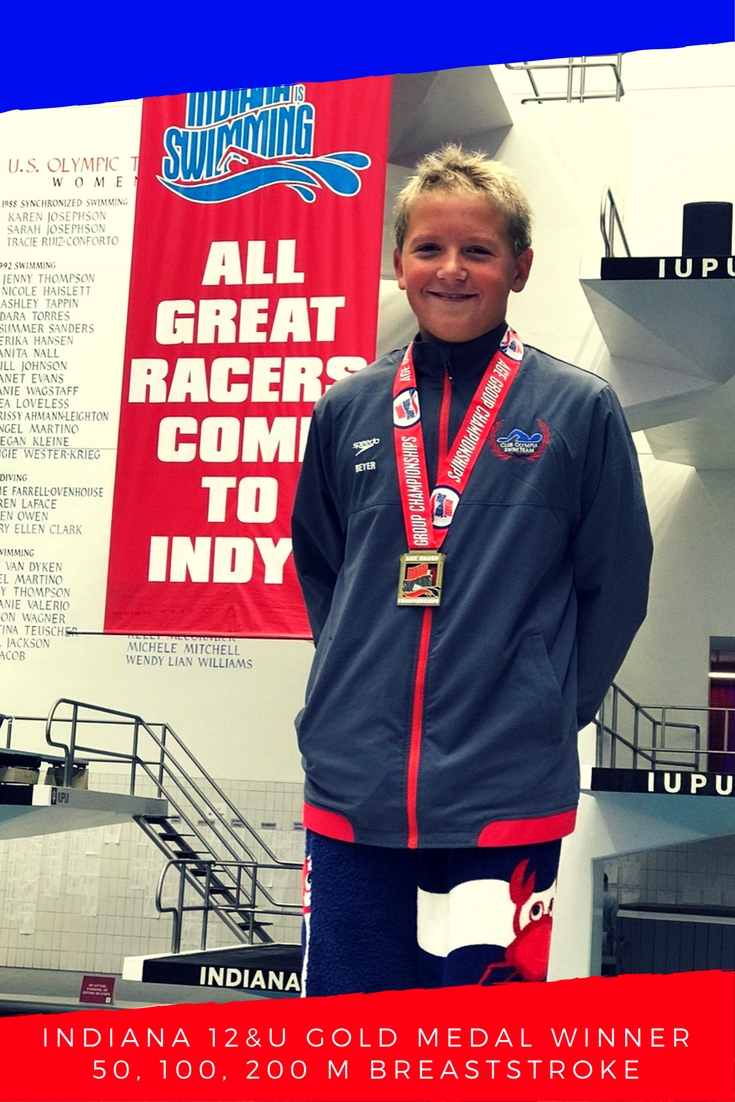 Winning the 2017 Indiana State Swimming Gold Medal for 12 and under boys in the 50, 100, and 200 Breaststroke.