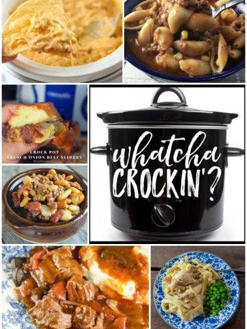 This week’s Whatcha Crockin’ crock pot recipes include Crock Pot Chicken and Noodles, Crock Pot Chicken Enchilada Dip, Crock Pot Calico Beans with Bacon and Ground Beef, Crock Pot French Onion Beef Sliders, Crock Pot Italian Pot Roast, Crock Pot Hamburger Soup, Slow Cooker Chocolate Football Rice Krispies, Crock Pot Apple Stuffed Acorn Squash and much more!