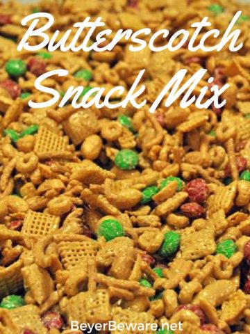 Butterscotch Snack Mix is the sweet and salty combinations of Chex and Cheerio cereal, peanuts, and candy covered in butterscotch and peanut butter coating.