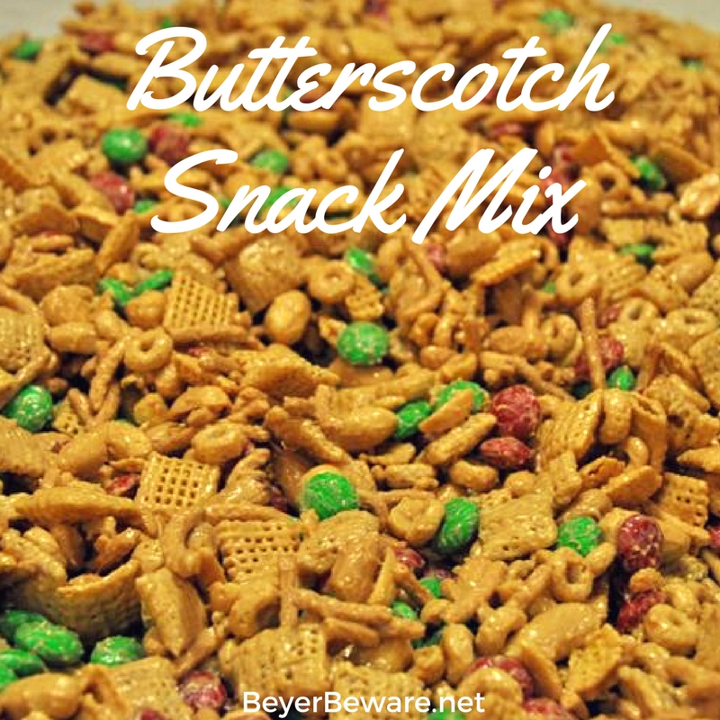 Butterscotch Snack Mix is the sweet and salty combinations of Chex and Cheerio cereal, peanuts, and candy covered in butterscotch and peanut butter coating.