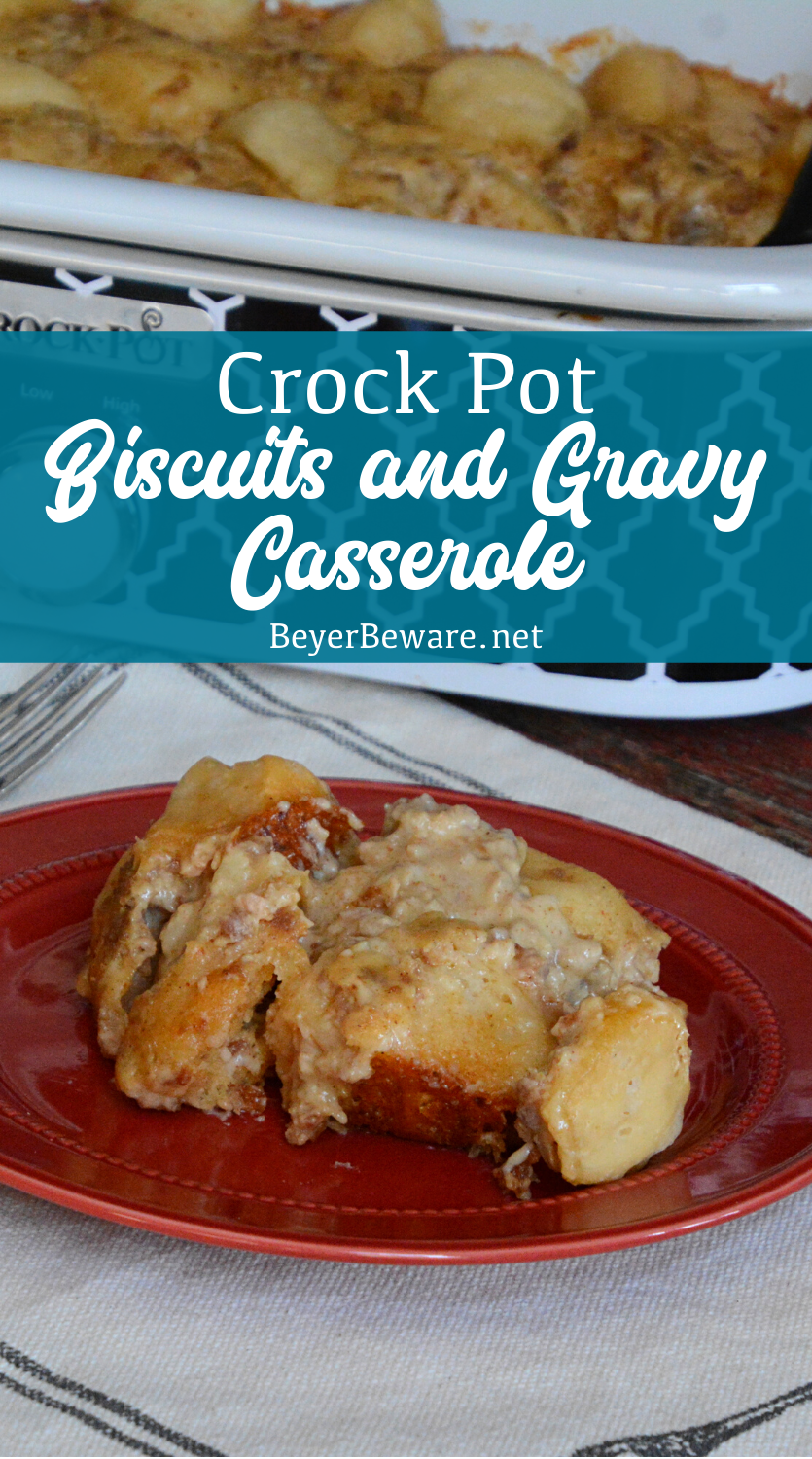 Crockpot Biscuits and Gravy Casserole is a slow cooked combination of grands biscuits with country sausage gravy for an amazing breakfast casserole that isn't egg based.