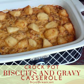 Want to feed a crowd biscuits and gravy easily? Look no further than this crock pot biscuits and gravy casserole recipe that can be kept warm all morning.