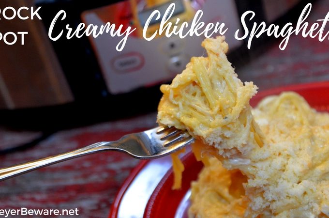 Crock pot creamy chicken spaghetti is the perfect chicken pasta dish with cream cheese and Italian seasoning to give the dish great alfredo flavors when you are needing to feed a large crowd or a hungry family.