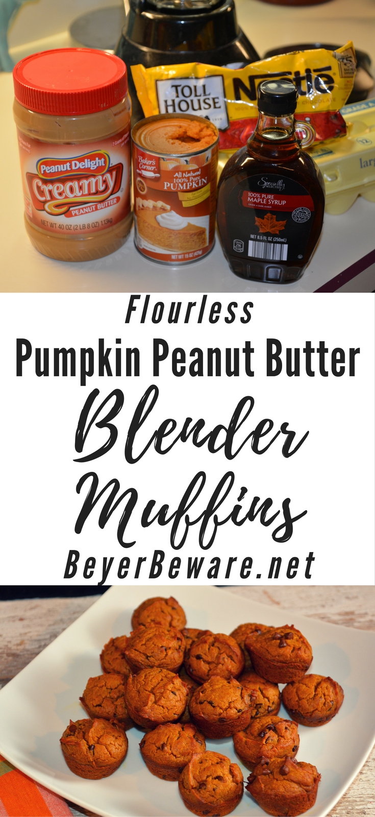 For anyone looking for a gluten-free muffin that is still satisfying, look no further than this flourless pumpkin peanut butter chocolate chip blender muffin recipe.