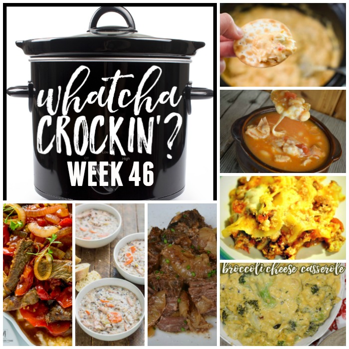 This week’s Whatcha Crockin’ crock pot recipes are perfect for fall including Crock pot Chicken Wild Rice Soup, Crock Pot Creamy Chicken Dip, Crock Pot Broccoli Cheese Casserole, Crock Pot Lasagna, Easy Crock Pot Chicken Chili Recipe with Cheese and Salsa, Loaded Baked Beans Perfect for Tailgating, Busy Day Slow Cooker Pot Roast, Crock Pot Pepper Steak and many more!